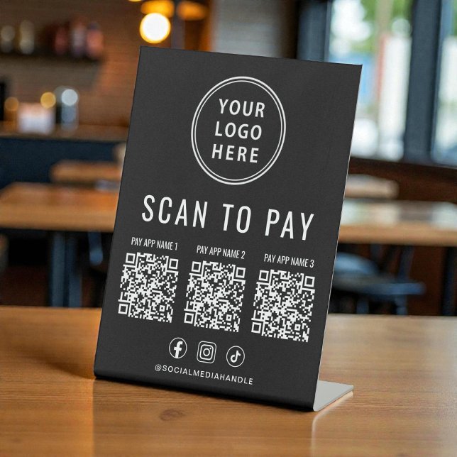 Signe De Table Scanner pour payer 3 codes QR Logo d'entreprise Ré (Scan to Pay 3 QR Codes Business Logo Social Media Pedestal Sign)