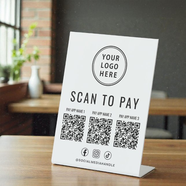 Signe De Table Scanner pour Payer 3 Codes QR Logo Entreprise Rése (Scan to Pay 3 QR Codes Business Logo Social Media Pedestal Sign)