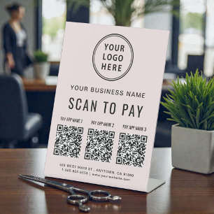 Signe De Table Scanner pour payer 3 codes QR Logo Entreprise Rose