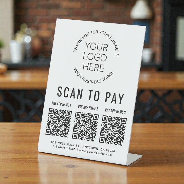 Signe De Table Scanner pour payer 3 Logo d'entreprise de codes QR (Scan to Pay 3 QR Codes Business Logo Pedestal Sign)