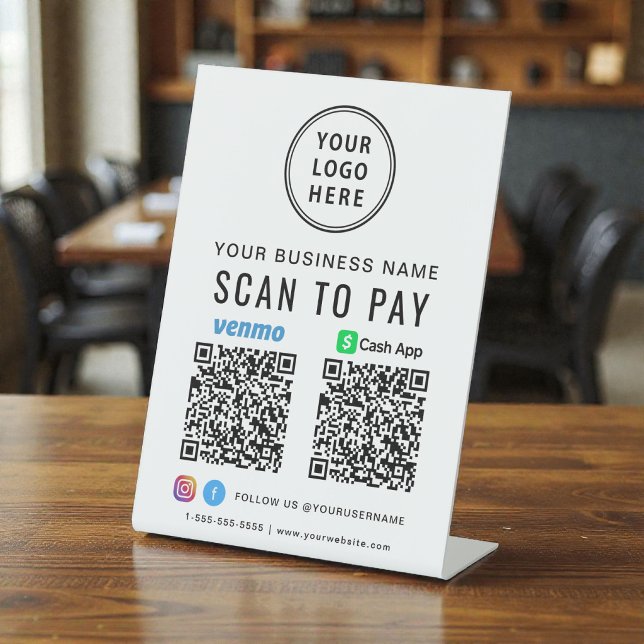 Signe De Table Scanner pour payer CashApp Venmo Code QR Logo (Scan to Pay CashApp Venmo QR Code Logo Pedestal Sign)