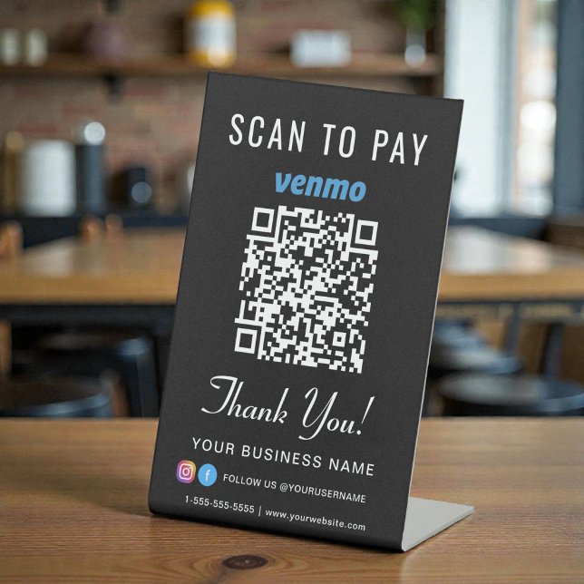 Signe De Table Scanner pour payer le code QR Venmo noir (Scan to Pay Venmo QR Code Logo Sage Green Pedestal Sign)