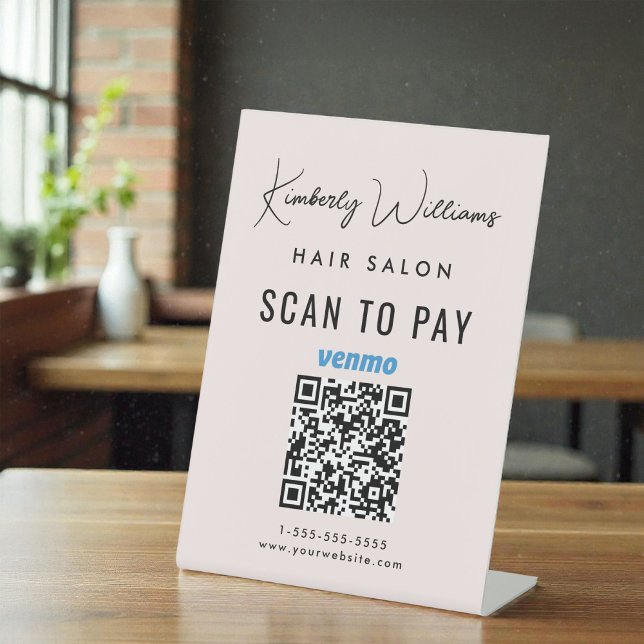 Signe De Table Scanner pour payer le code QR Venmo rose pour les  (Scan To Pay Venmo QR Code Business Pink Pedestal Sign)