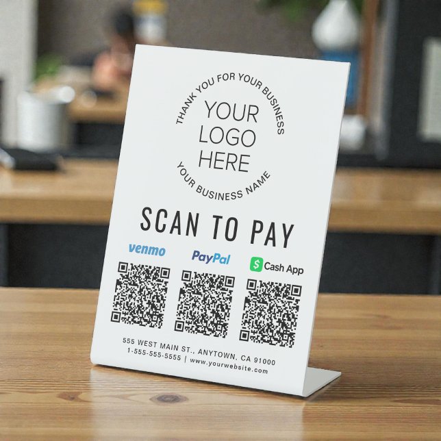 Signe De Table Scanner pour payer les codes QR de Paypal Venmo Ca (A QR code sign to effortlessly connect your customers to your payment platforms)
