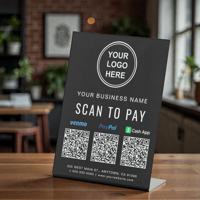 Signe De Table Scanner pour payer les codes QR de Venmo Paypal Ca (Scan to Pay Venmo Paypal CashApp QR Codes Logo Pedestal Sign)