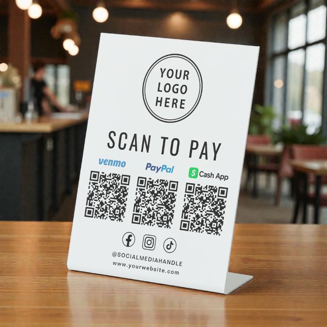 Signe De Table Scanner pour payer les codes QR Logo Paypal Venmo  (Scan to Pay Paypal Venmo CashApp QR Codes Logo Pedestal Sign)