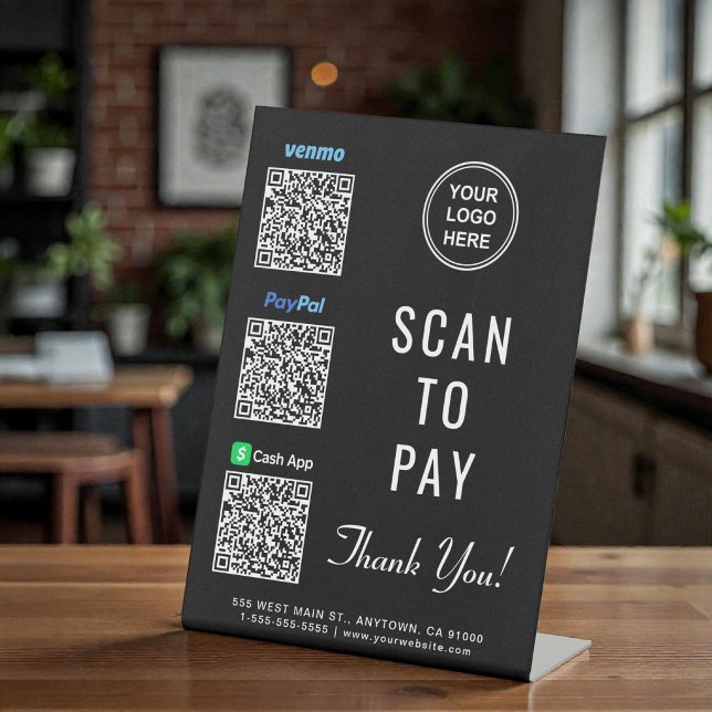 Signe De Table Scanner pour payer les codes QR Logo Paypal Venmo  (Scan to Pay Paypal Venmo CashApp QR Codes Logo Pedestal Sign)