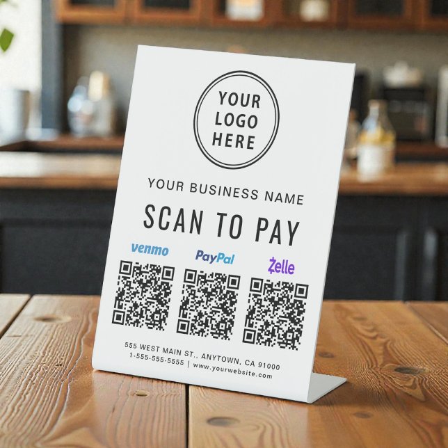 Signe De Table Scanner pour payer les codes QR Logo Paypal Venmo  (Scan to Pay Paypal Venmo Zelle QR Codes Logo Pedestal Sign)