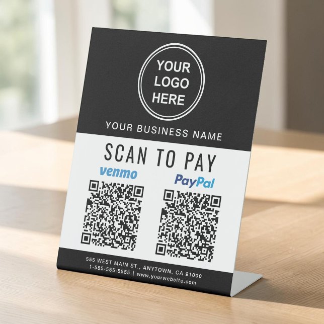 Signe De Table Scanner pour payer les codes QR Paypal Venmo Logo  (Scan to Pay Paypal Venmo QR Codes Logo Black White Pedestal Sign)