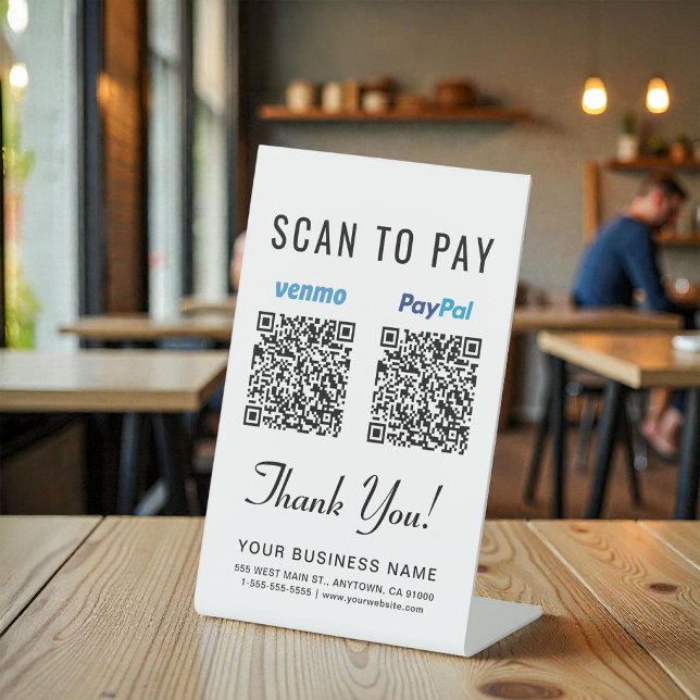 Signe De Table Scanner pour payer les codes QR Venmo Paypal (Scan to Pay Venmo Paypal QR Codes Pedestal Sign)