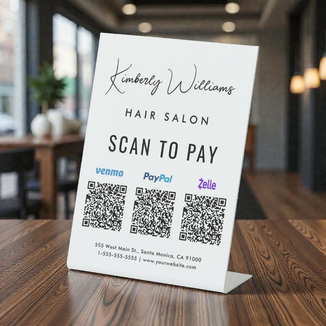 Signe De Table Scanner pour payer Paypal Venmo Zelle Code QR Entr (Venmo. PayPal. Zelle. Scan to Pay Sign. Your name in script doubles as your logo)