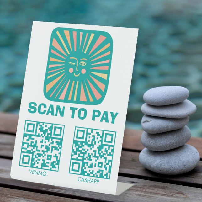 Signe De Table SCANNER POUR PAYER QR Soleil Lumineux Rose Turquoi (SCAN TO PAY QR Glowing Sun Cute Charming Pink Teal Pedestal Sign
)