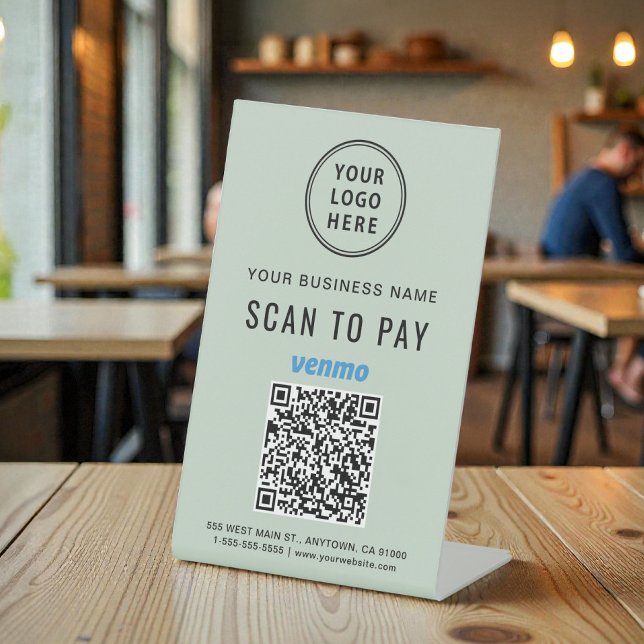 Signe De Table Scanner pour payer Venmo QR Code Vert Sauge (Scan to Pay Venmo QR Code Sage Green Pedestal Sign)