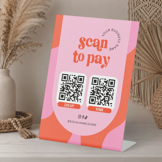 Signe De Table Scannez pour payer 2 codes QR Groovy Rétro Rouge e (Créateur téléchargé)