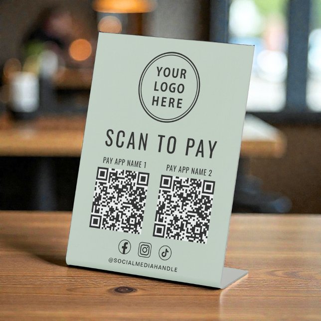 Signe De Table Scannez pour payer 2 codes QR Logo d'entreprise Ve (Scan to Pay 2 QR Codes Business Logo Sage Green Pedestal Sign)