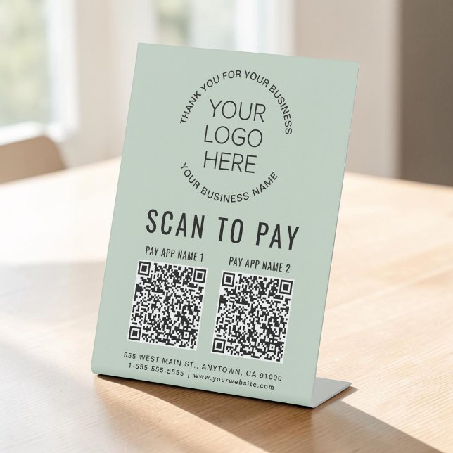 Signe De Table Scannez pour payer 2 codes QR Logo d'entreprise Ve (Scan to Pay 2 QR Codes Business Logo Sage Green Pedestal Sign)