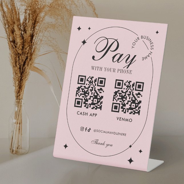 Signe De Table Scannez pour payer 2 codes QR Rose Pâle Tendance p (Créateur téléchargé)