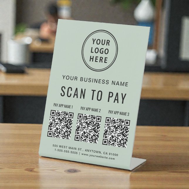 Signe De Table Scannez pour payer 3 codes QR Logo d'entreprise Ve (Scan to Pay 3 QR Codes Business Logo Sage Green Pedestal Sign)