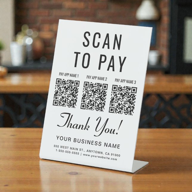 Signe De Table Scannez pour payer 3 Codes QR sur présentoir de ta (Scan to Pay 3 QR Codes Tabletop Pedestal Sign)