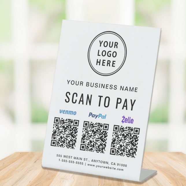 Signe De Table Scannez pour payer Logos des codes QR Paypal Venmo (A QR code sign to effortlessly connect your customers to your payment platforms)