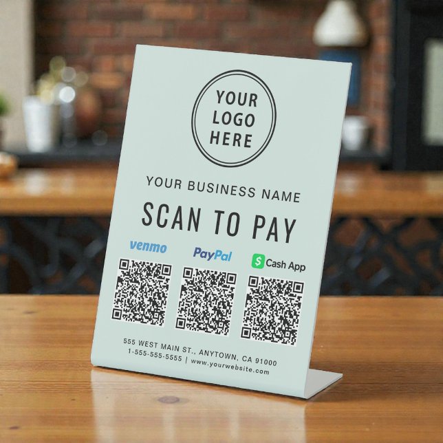 Signe De Table Scannez pour payer Paypal Venmo CashApp Code QR Lo (Scan to Pay Paypal Venmo CashApp QR Code Logo Mint Pedestal Sign)