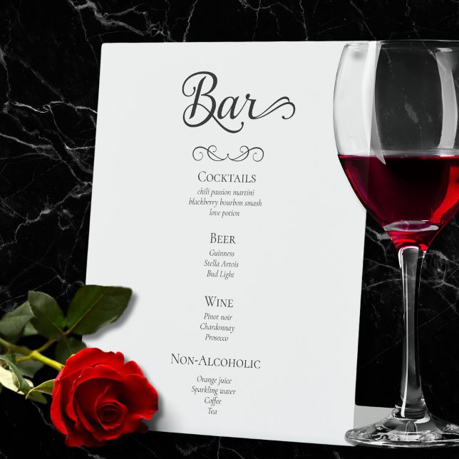 Signe De Table Script Calligraphie Mariage Boissons Menu Signer (elegant custom black and white bar menu pedestal sign for wedding dinner and reception, script)