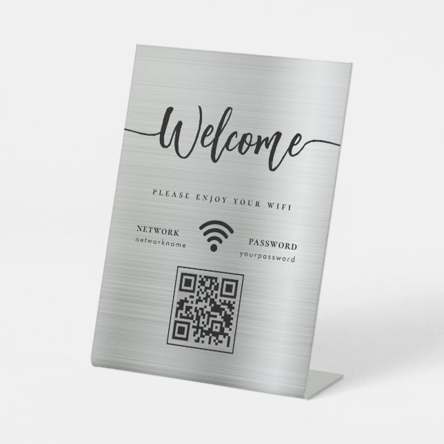 Signe De Table Script d'accueil moderne WIFI QR Code Silver Metal (Recto)