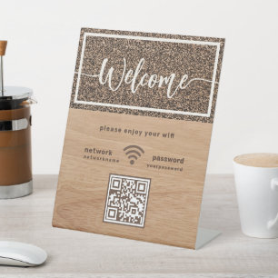 Signe De Table Script de bienvenue rustique WIFI QR Code Grain de