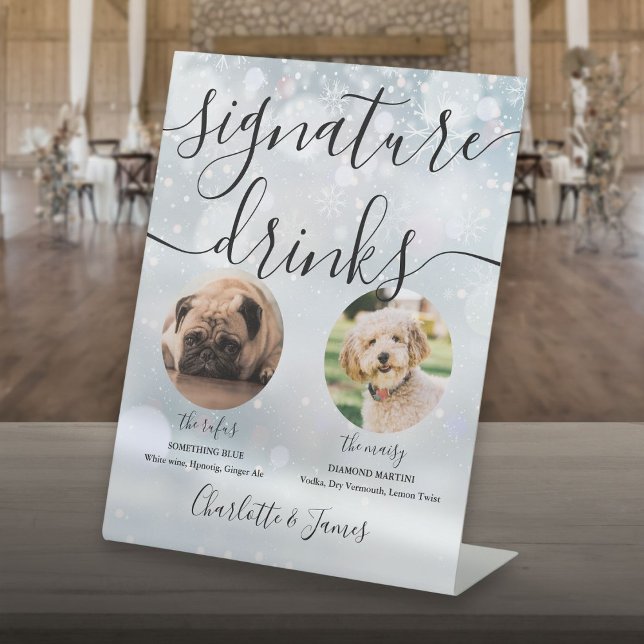 Signe De Table Script de mariage hivernal Boissons signatures pou (Winter Wedding Script Pet Dog Signature Drinks Pedestal Sign)