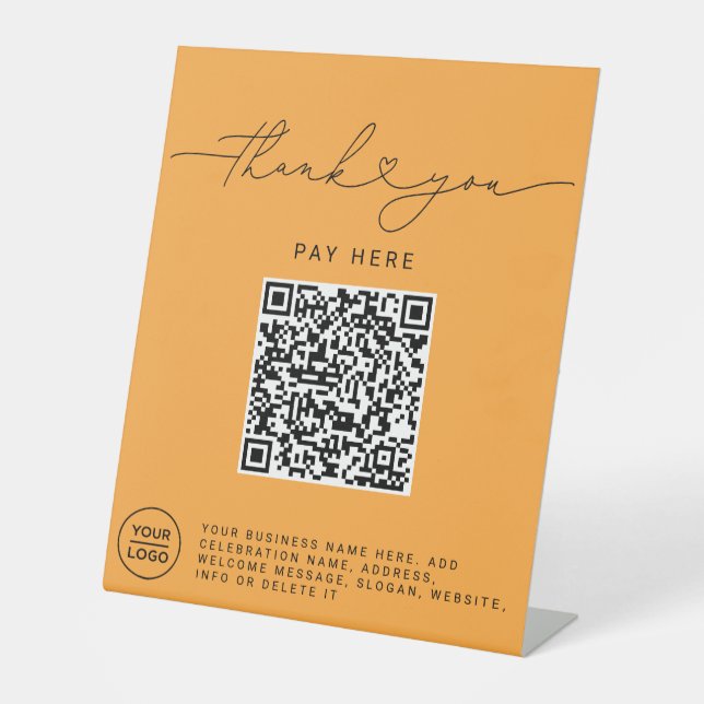 Signe De Table Script Merci Cœur Analysez Moi Logo Code QR orange (Recto)
