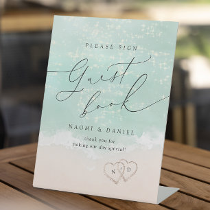 Signe De Table Script moderne Sand Hearts Beach Livre d'or