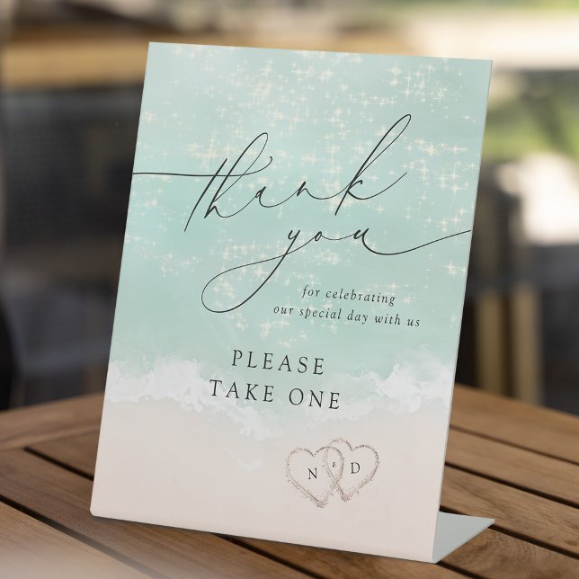 Signe De Table Script moderne Sand Hearts Beach Signature Boisson (Modern Script Sand Hearts Beach Signature Drinks Pedestal Sign)