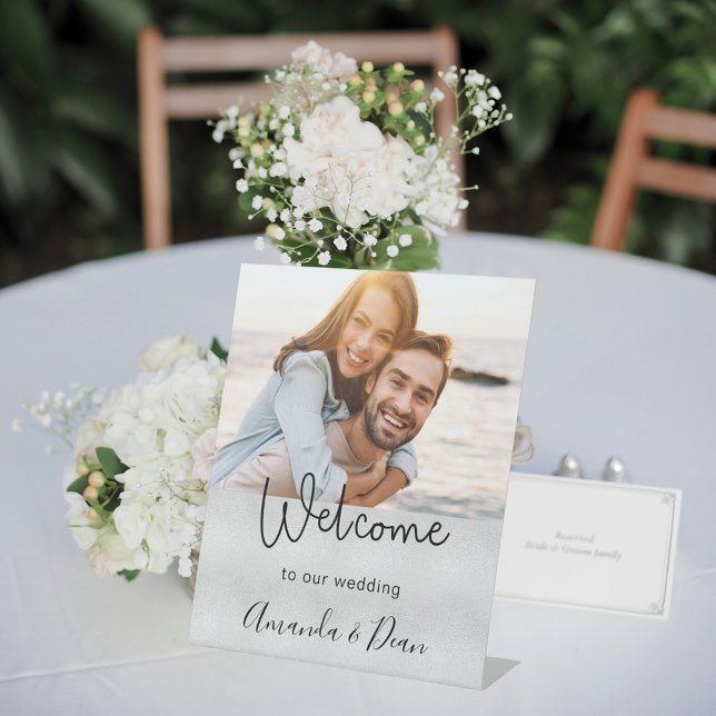 Signe De Table Script photo mariage d'accueil en argent (Créateur téléchargé)