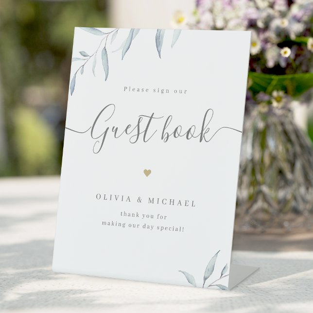 Signe De Table Script verdoyant minimal Rustique Mariage Livre d' (Minimal dusty blue greenery script rustic Wedding Guest Book Pedestal Sign)