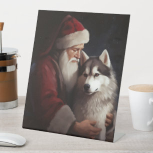 Signe De Table Sibérien Husky avec Noël Festif du Père Noël