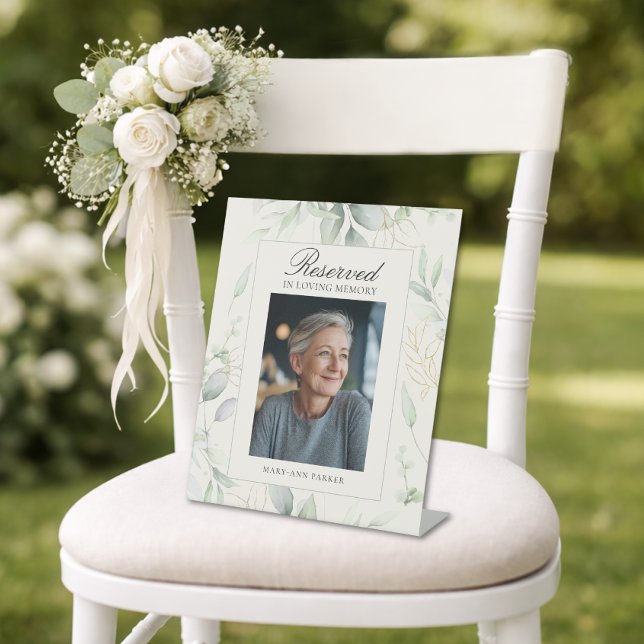Signe De Table Siège Réservé Photo Mariage Mémorial Eucalyptus (Reserved Seat Photo Wedding Memorial Eucalyptus Pedestal Sign)