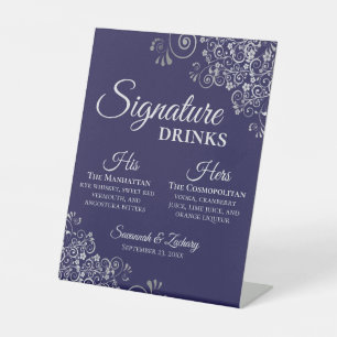 Signe De Table Signature Boissons Elégant Argent & Mariage Marine