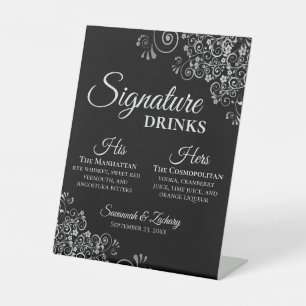 Signe De Table Signature Boissons Elégant Argent & Mariage noir