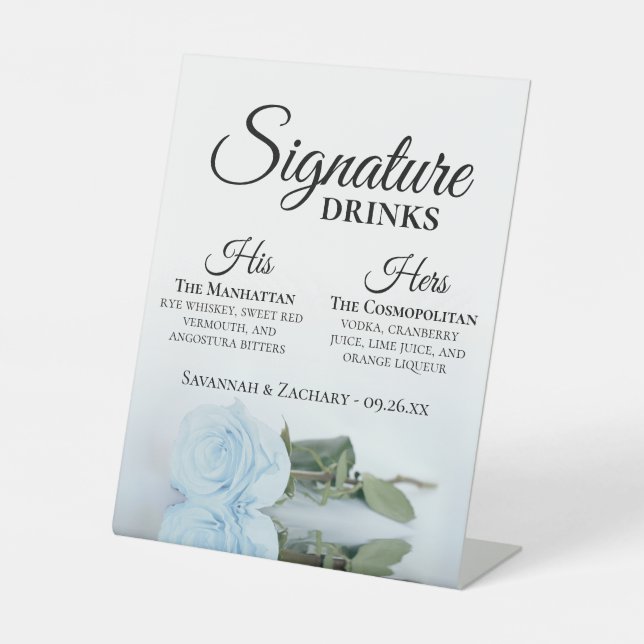 Signe De Table Signature Boissons Elégant Dusty Blue Rose Mariage (Recto)