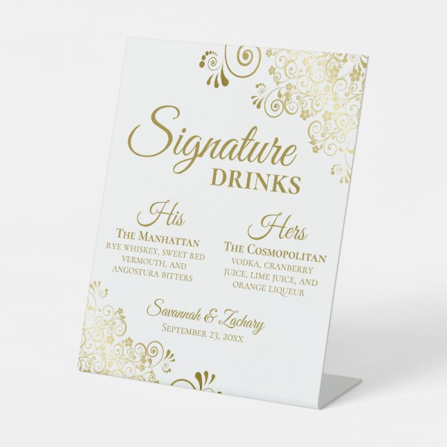 Signe De Table Signature Boissons Elegant Gold & White Mariage Ba (Recto)