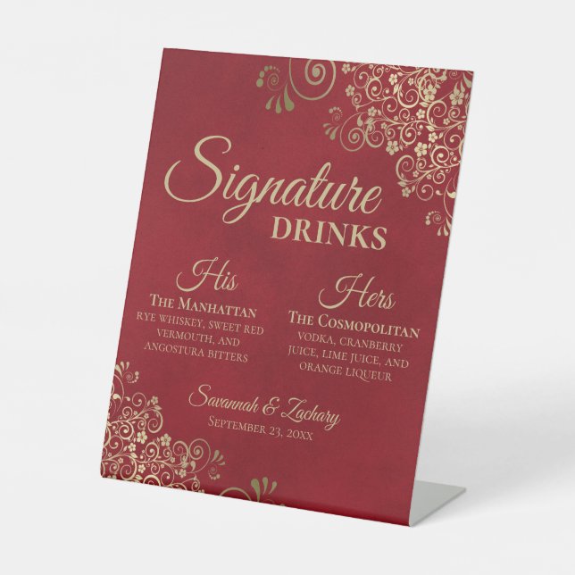 Signe De Table Signature Boissons Elegant Rouge & Or Mariage Bar (Recto)