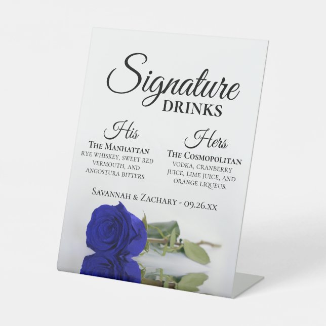 Signe De Table Signature Boissons Elégant Royal Blue Rose Mariage (Recto)