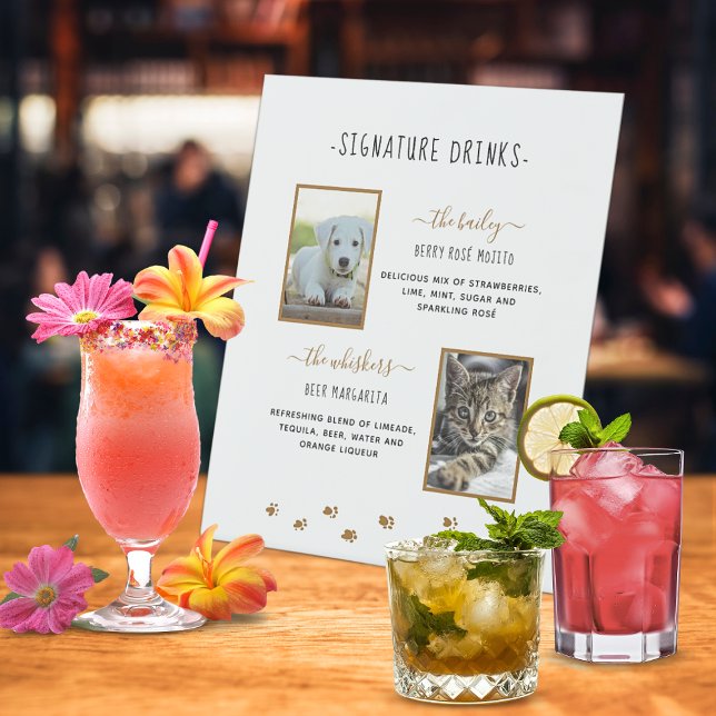Signe De Table Signature Boissons Or Animaux Mariages Photos (Signature Drinks Gold Pet Wedding Photos Pedestal Sign)