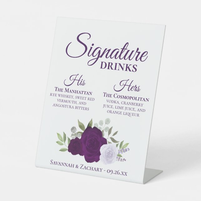 Signe De Table Signature Boissons Purple Aquarelle Rose Mariage (Recto)