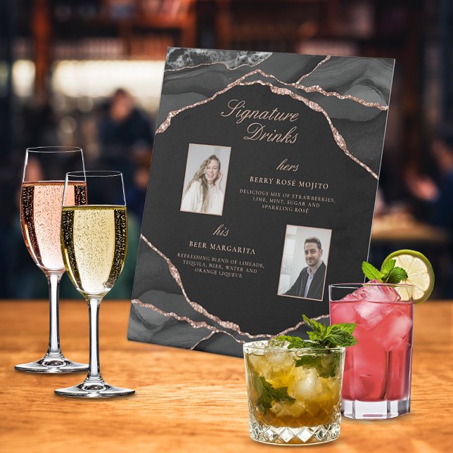 Signe De Table Signature Boissons Rose Gold Agate Mariage Photos (Signature Drinks Rose Gold Agate Wedding Photos Pedestal Sign)