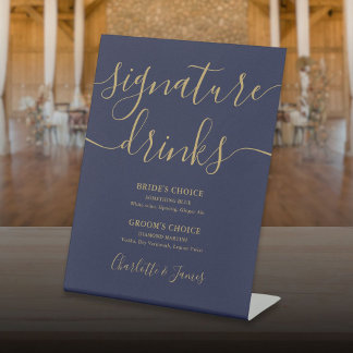 Signe De Table Signature Mariage Bleu Marine Et Script Or Boisson