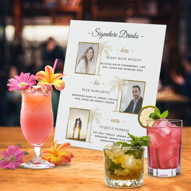 Signe De Table Signature personnalisée Boissons Gold Palm Photo M (Custom Signature Drinks Gold Palm Wedding Photo Pedestal Sign)