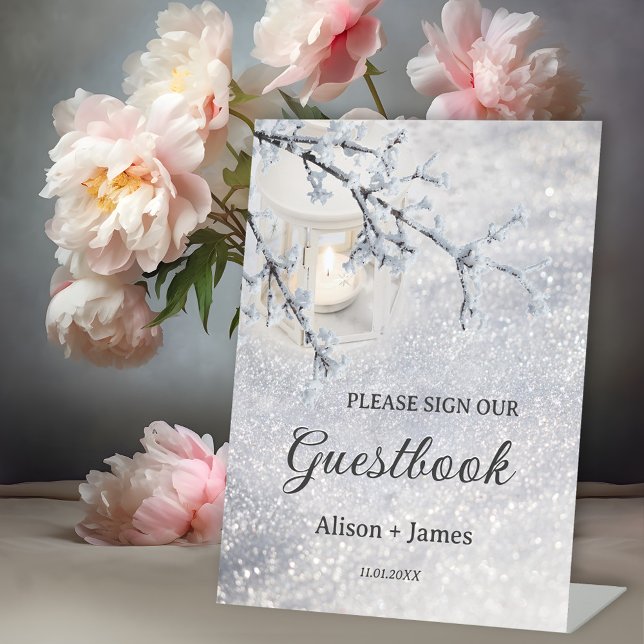 Signe De Table Signer Notre Guestbook Mariage Table Pedestal Sign (Wedding tabletop sign featuring a candle lit lantern in sparkling snow - guest book sign)