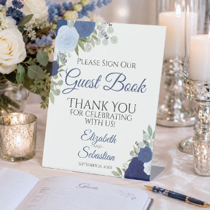 Signe De Table Signez Notre Livre d'Or Fleurs Bohème Bleu Rustiqu