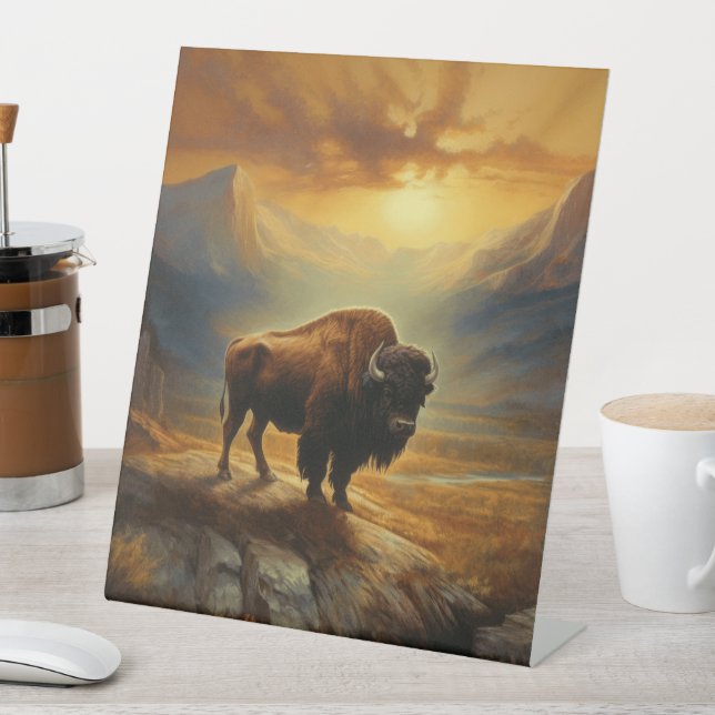 Signe De Table Silhouette de Bison de Buffalo au Coucher du Solei (In SItu)